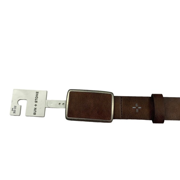 Sun + Stone Mens Faux Leather Plaque Buckle Belt Brown S 30-32 - Picture 1 of 5